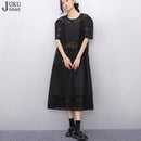 Lace Joined Loose Fit Korean Style Woman 2025 Summer Round Neck Short-Sleeve Black Pullover Dress Gorgeous Big Size Robe JKXD008