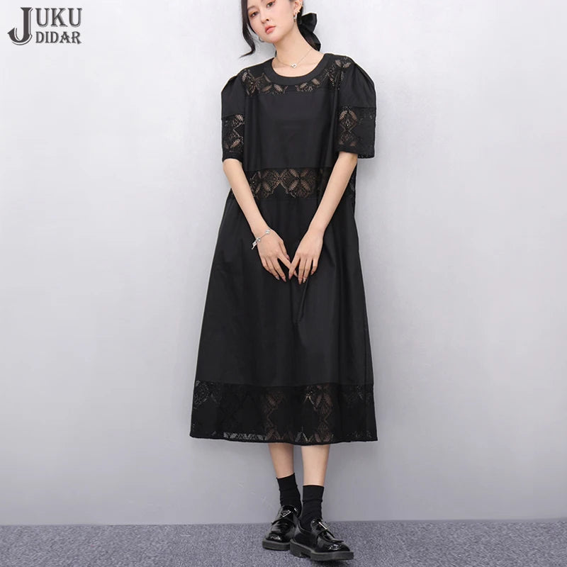 Lace Joined Loose Fit Korean Style Woman 2025 Summer Round Neck Short-Sleeve Black Pullover Dress Gorgeous Big Size Robe JKXD008