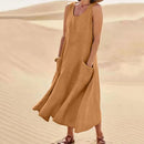 Women Linen Sundress Summer Female Sleeveless Double Big Pocket Loose Sand Beachwear Long Dress Oversized