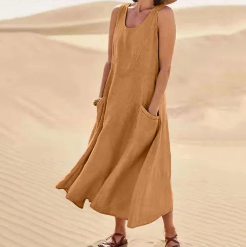 Women Linen Sundress Summer Female Sleeveless Double Big Pocket Loose Sand Beachwear Long Dress Oversized
