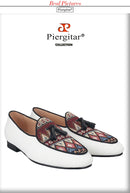 Piergitar Brand 2023 White Cotton Canvas Of Paisley Pattern Men's Loafers Fashion Party Handmade Leahter Tassel Shoes Plus Size