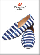 Piergitar 2022 New Arrival Blue And White Stripes Canvas Men Loafers For Party And Prom Handmade Male Slip-On Flats Red Bottom
