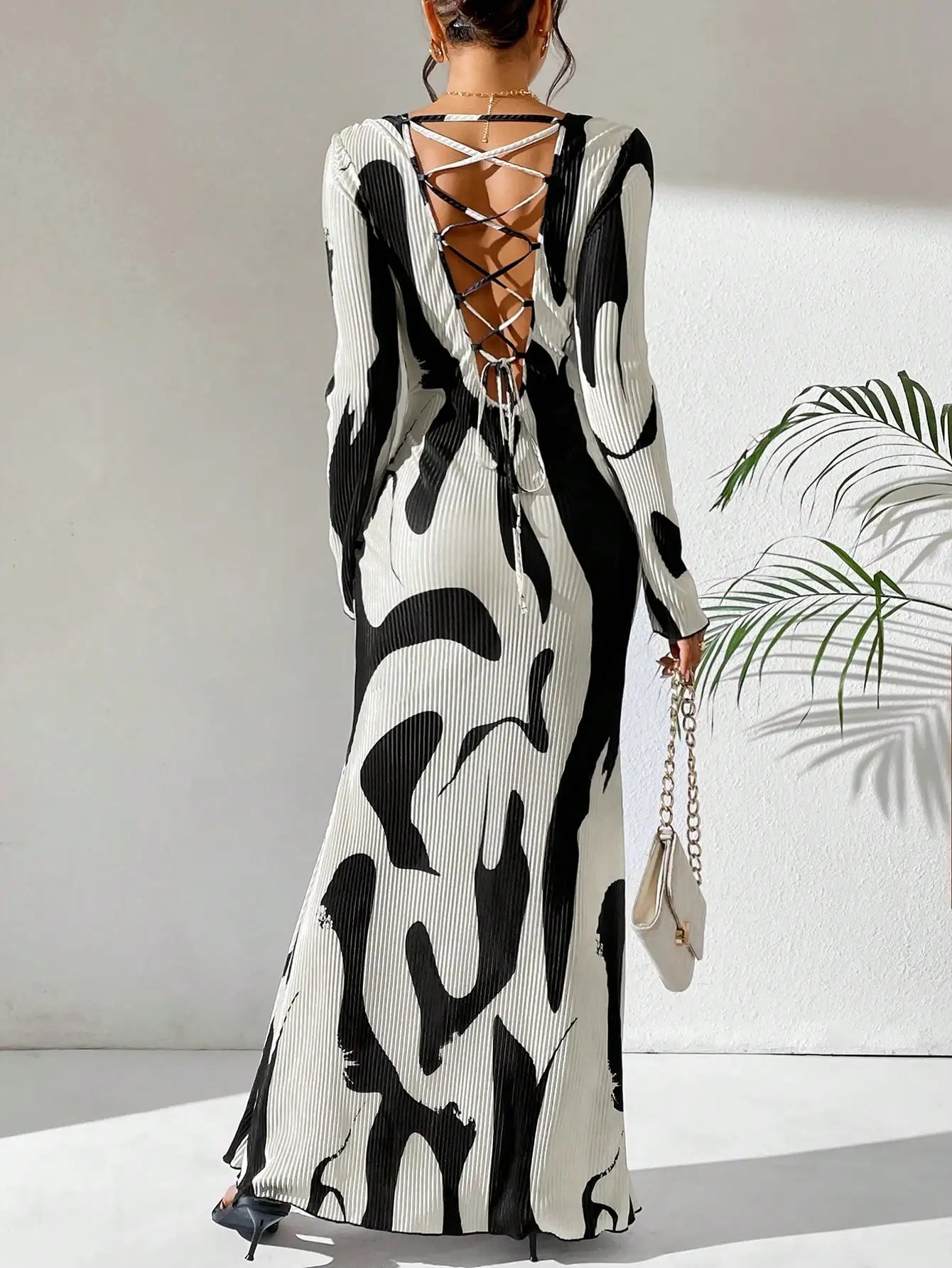 Long Sleeve Crew Neck Open Back Tie Up Women Bodycon Dress Maxi Women Outfit