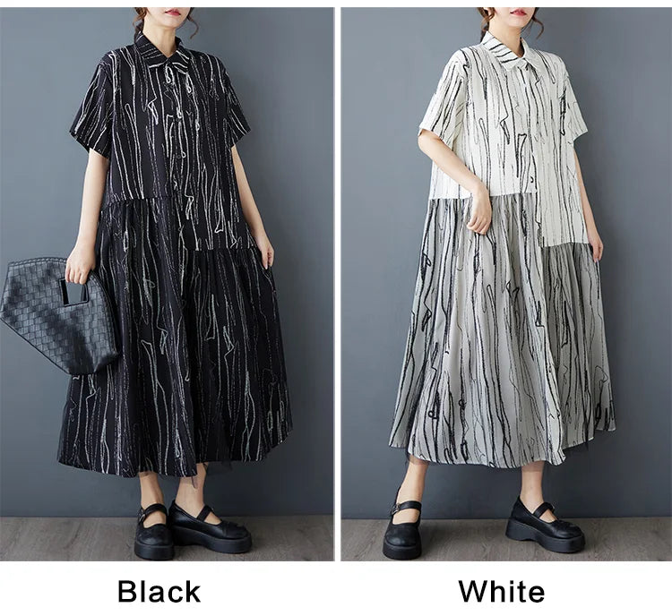 Stripe Print Mid Length Buttoned Midi Dress