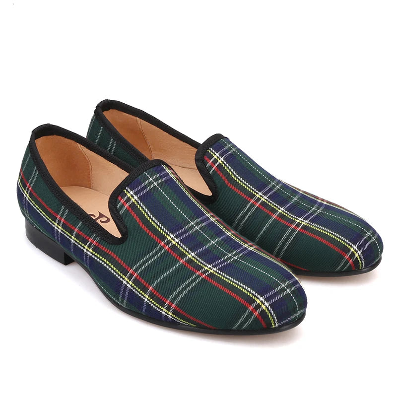 Piergitar 2023 New Red And Green Classic Scottish Plaid Men's Loafers For Party Handmade Slip-On Moccasins Leather Insole