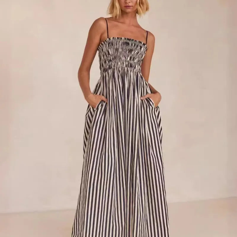 2025 Women's Summer Style Striped Rubber Elastic Sexy Big Swing Bag Suspender Dress Club Clothing Vestidos