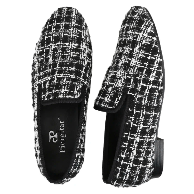 Luxury Brand Black and White Knitted cotton Men's penny Loafers British Classic Slip On Smoking Slippers