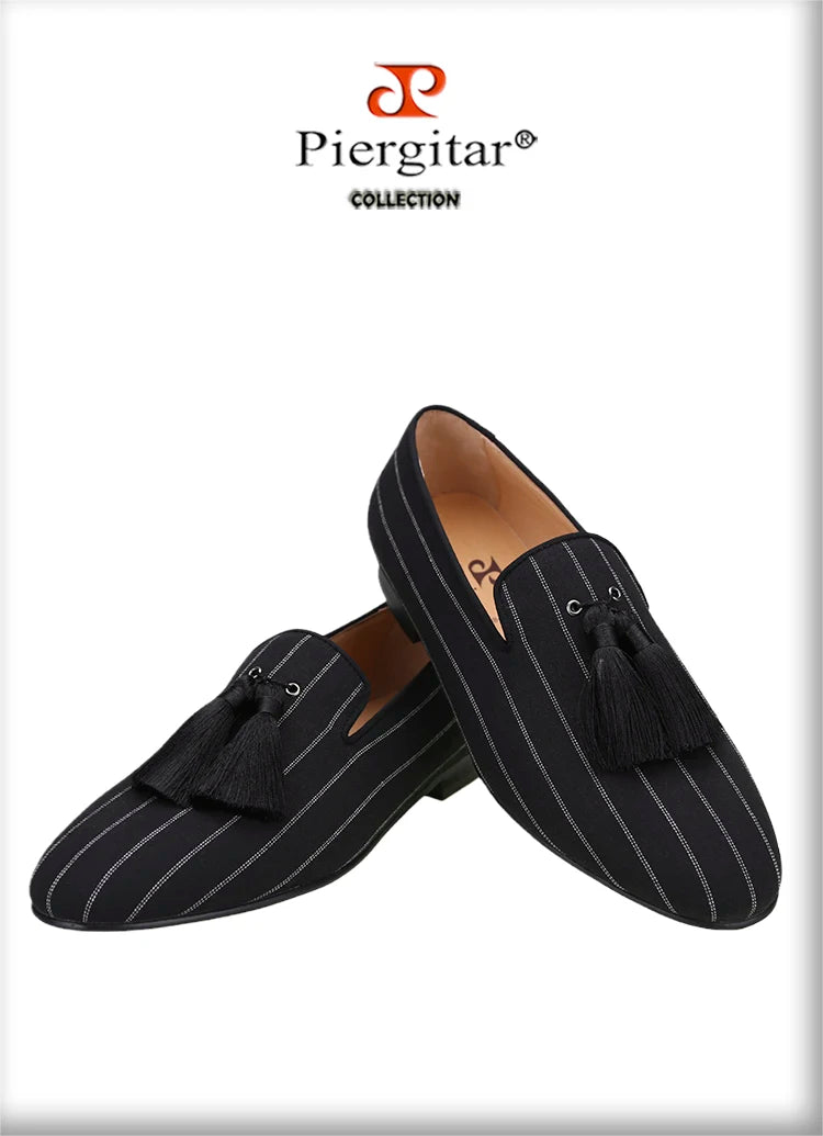 Piergitar 2022 New Striped Design Oxford Fabric Men Slip-On Shoes Handmade Tassel Men's Loafers Classic Male Smoking Slippers
