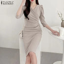 ZANZEA Summer Fashion Womens Dress Sexy Solid Color Knee Length Bodycon Sundress Elegant 3/4 Sleeve V-Neck Work OL Vestidos 2025