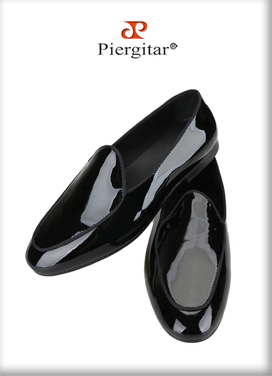 Piergitar Classic Style Black Patent Leather Slip-On Loafers For Party And Wedding Handmade Men's Dress Shoes Luxury Red Bottom