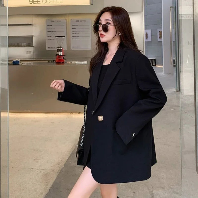 Long Women's Blazers Loose Jacket Dress Clothing Female Coats and Jackets Solid Over Black Youthful Woman Clothes New Outerwear