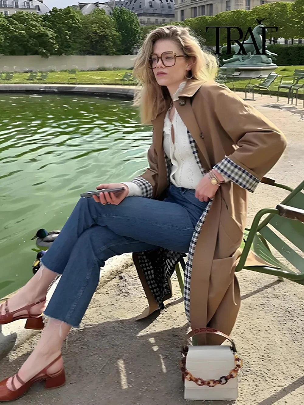 TRAF Women's Fashion Long Trench Coat Retro Loose Single-breasted Coat Autumn and Winter Lapel High Street Temperament Coat