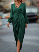 Women's 2025 new long dress; elegant round-neck silk satin long sleeves; midi dress for ladies; sexy dress; street fashionbe.