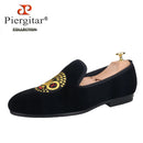 Piergitar New Arrival Black Velvet Men's Loafers Handmade African Tribal Embroidery Man Smoking Slippers For Pary And Wedding