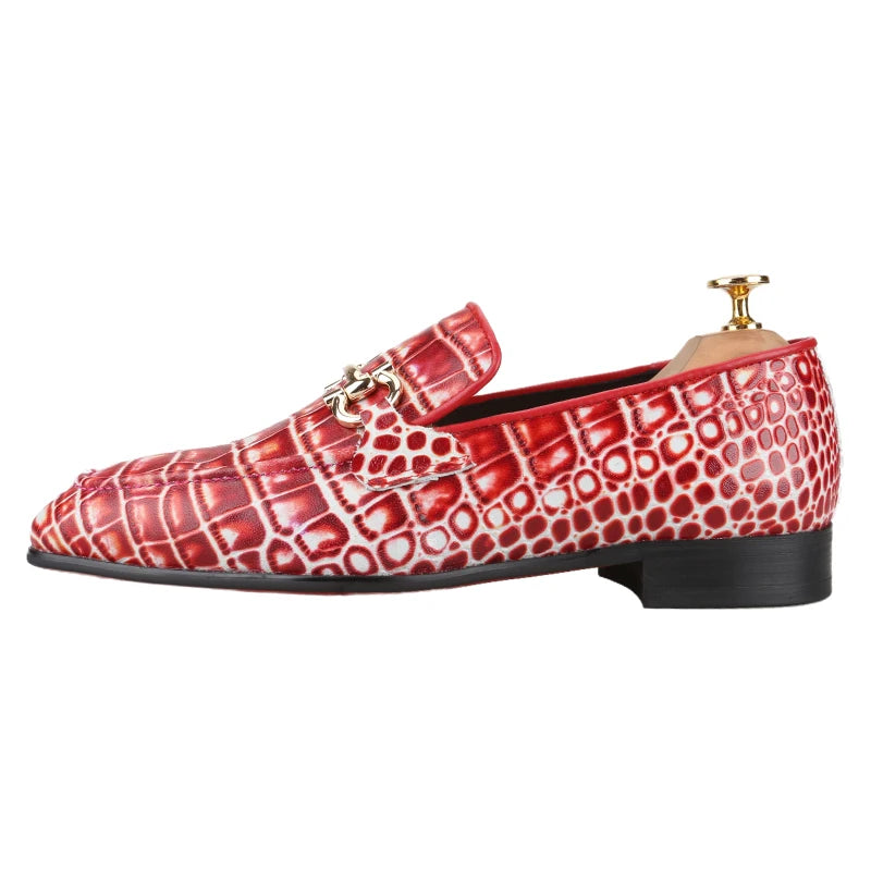 Piergitar Classic Model Gold Horsebits Men's Loafers Red And Light Green Crocodile Pattern Calfskin Handmade Slip-On Slippers
