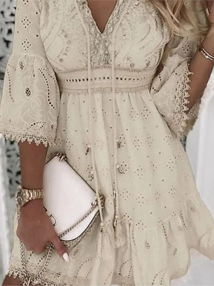 Women's White Hollow Lace up Mini Dress