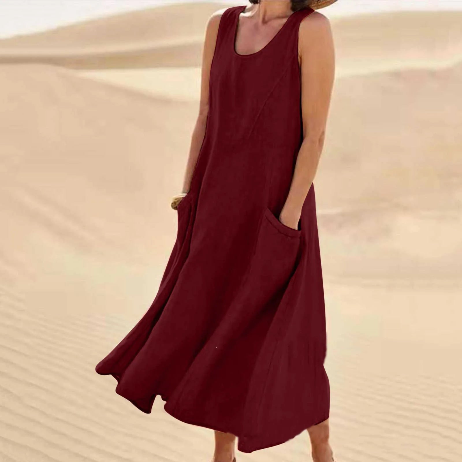 Women Linen Sundress Summer Female Sleeveless Double Big Pocket Loose Sand Beachwear Long Dress Oversized
