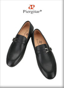 Piergitar Black Napa Calfskin Men Loafers Luxury Brand Same Style Customized Metal Buckles With Letter "H" Formal Leather Shoes