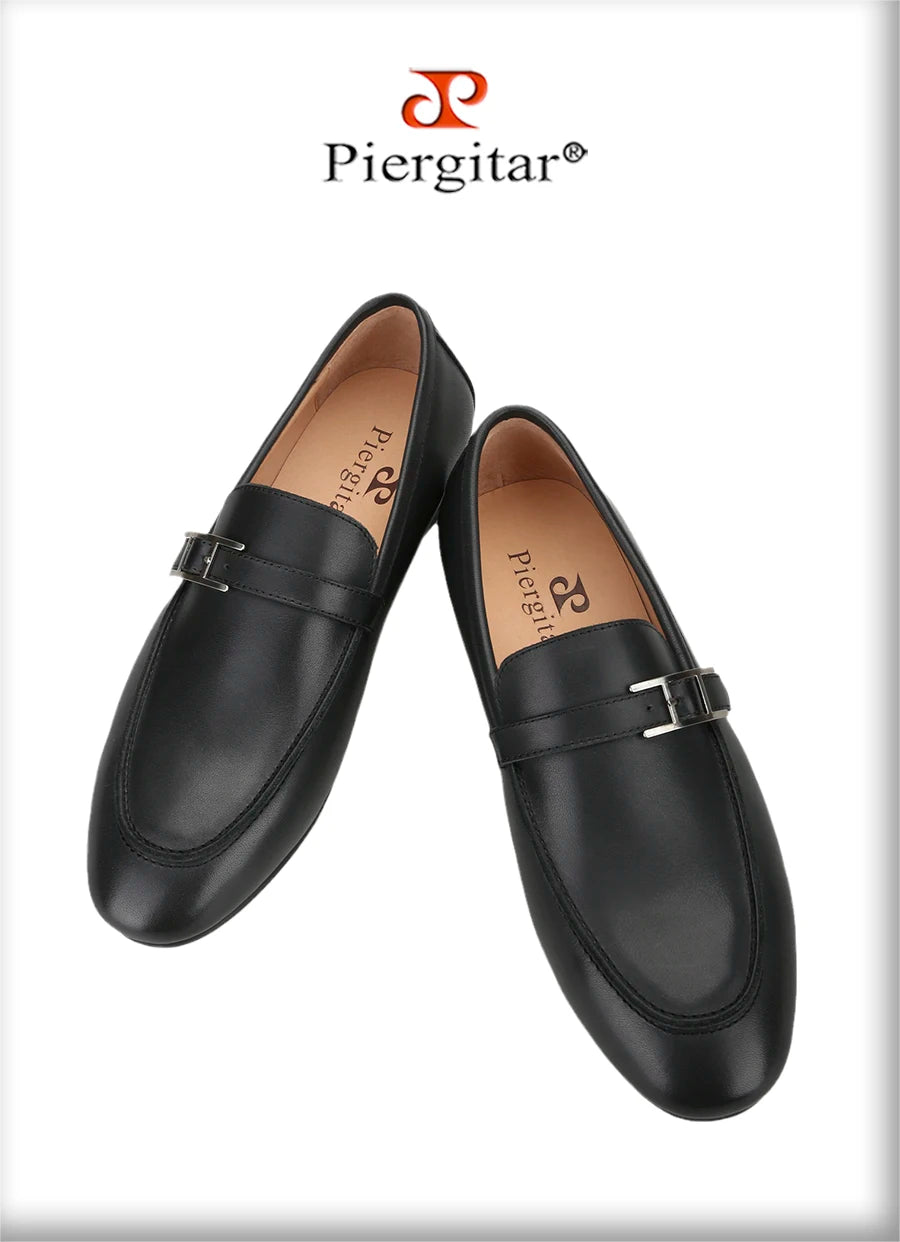 Piergitar Black Napa Calfskin Men Loafers Luxury Brand Same Style Customized Metal Buckles With Letter "H" Formal Leather Shoes