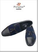 Piergitar 2023SS Navy Suede And Black Calfskin Leather Slippers With Handmade Tassels Italian Design Classic Men's Loafers