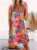 Tropical Printed Women's V-Neck Mini Dress For Summer,Sexy Vacation Beach Dress, Flowy Summer Party Dress for Women