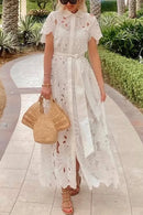 Women's Hollow Lapel Tie Up Lace Dress