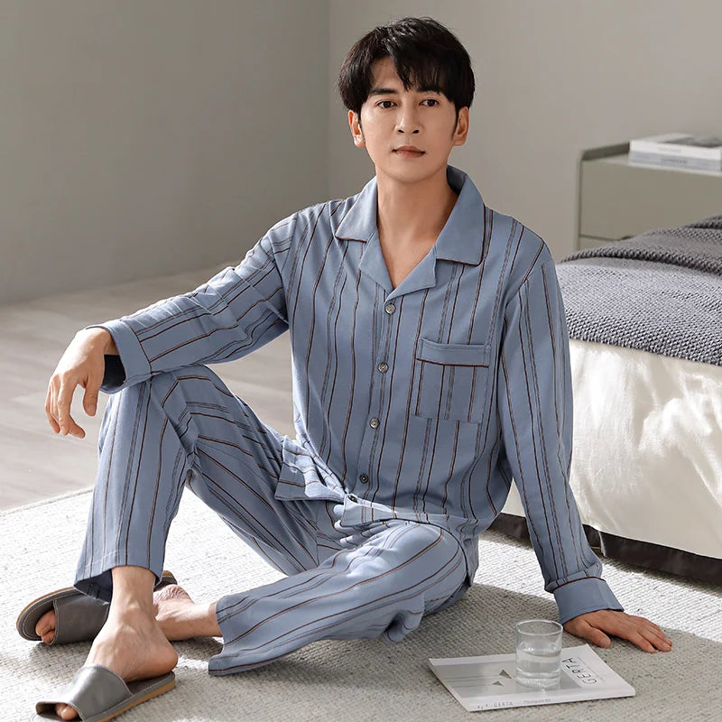 2024 Winter Cotton Men Blue Stripe Sleepwear