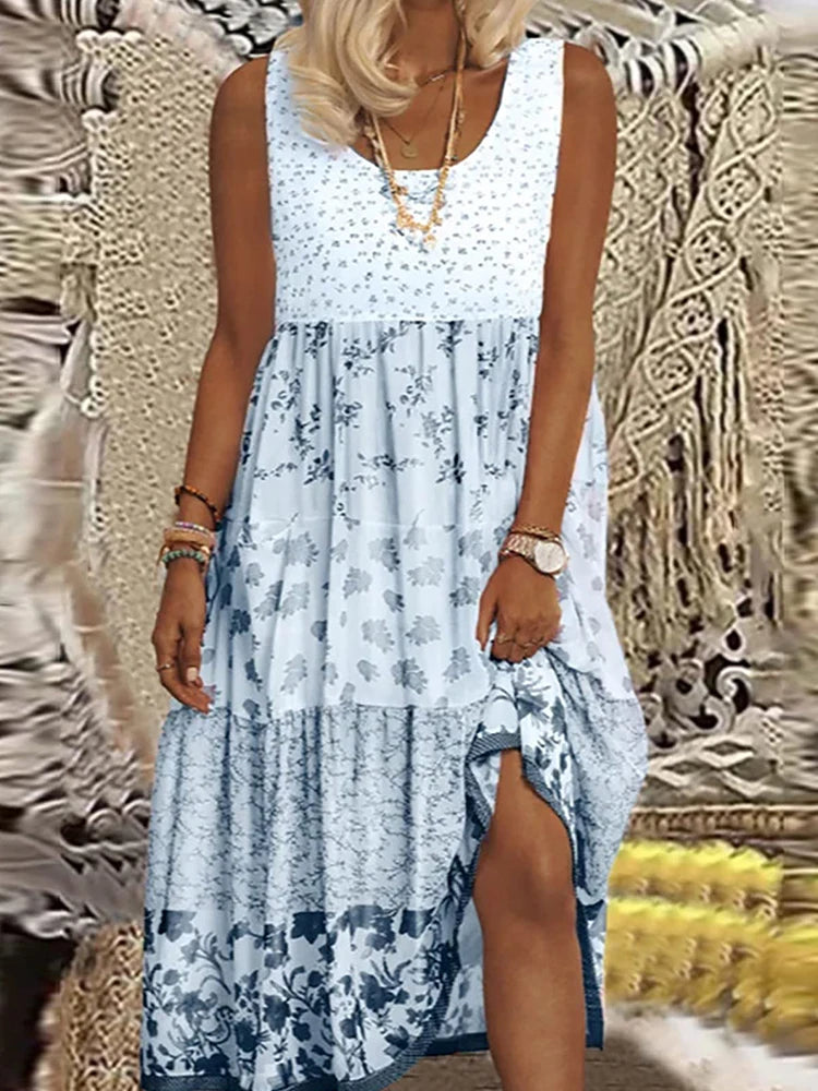 Plus Size Casual Womens Midi Dress 2025 New Floral Printed Sleeveless A-Line Bohemian Beach Dresses