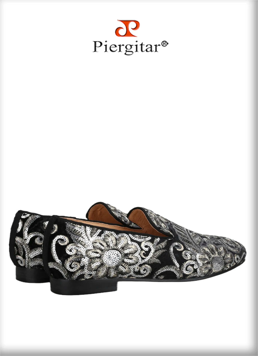 Piergitar Handmade Paisley Pattern Bling Men Velvet Shoes For Party And Wedding Superglamourous Brand Same Model Slip-On Loafers