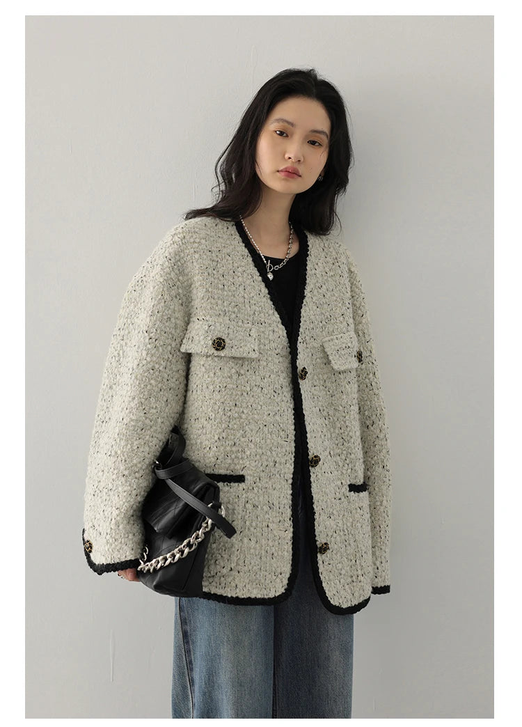 CHIC VEN Women's Woolen Coat Heavy Industry Down Jacket Vintage V-Neck Woman Down Coat Female Tops Autumn Winter 2024