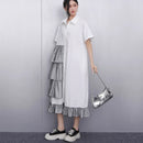 Ruffle Decoration New 2025 Summer Korean Style Woman Black Shirt Dress Loose Fit Chic Big Size Casual Holiday Dress Robe JKXD002