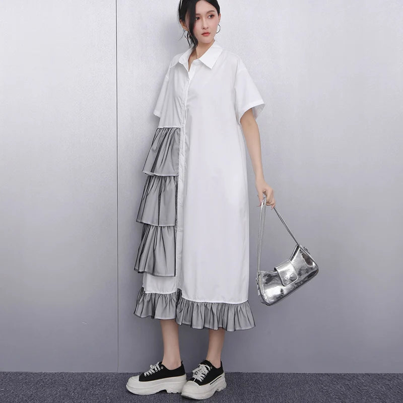 Ruffle Decoration New 2025 Summer Korean Style Woman Black Shirt Dress Loose Fit Chic Big Size Casual Holiday Dress Robe JKXD002