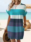 Chic Plus Size Dress: Elegant Stripes, Roll-Up Sleeves, Pockets - Comfortable & Casual Women's Dress