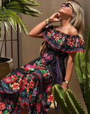 2024 Spring/Summer New Women Retro Fashion One Shoulder Red Flower Printed Waist Collection Long Style Large Swing Casual Dress