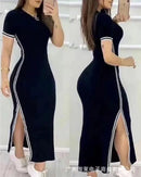 Women's Round Neck and Side Split Short Sleeves Dress
