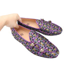 Men's slip-on monk shoes with gold buttons and a violet color silk heart jacquard, made by hand.