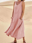 Women Linen Sundress Summer Female Sleeveless Double Big Pocket Loose Sand Beachwear Long Dress Oversized