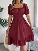 2024 New Fashion Solid Puff Sleeve Square Neck Ruched Bust Ruffle Hem Wasit Dress, Women's Clothing