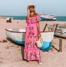2024 Spring/Summer New Women Retro Fashion One Shoulder Red Flower Printed Waist Collection Long Style Large Swing Casual Dress