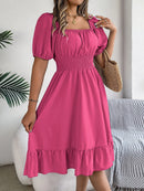 2024 New Fashion Solid Puff Sleeve Square Neck Ruched Bust Ruffle Hem Wasit Dress, Women's Clothing