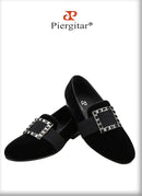 Piergitar Black And Silver Rhinestones Square Buckles Men Velvet Shoes For Wedding Or Party Handmade Slip-On Loafers Plus Size