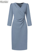 ZANZEA Summer Fashion Womens Dress Sexy Solid Color Knee Length Bodycon Sundress Elegant 3/4 Sleeve V-Neck Work OL Vestidos 2025