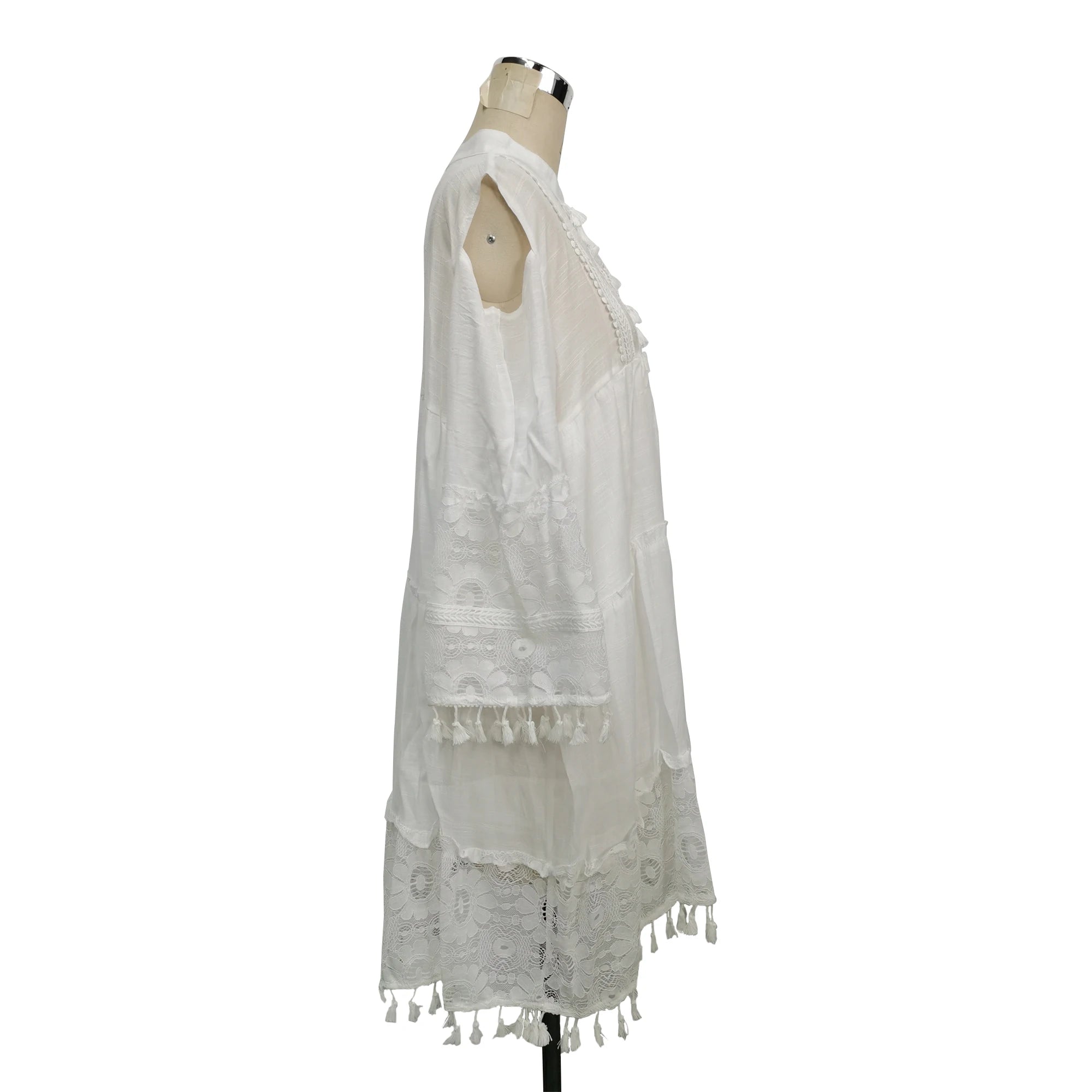 New Spring Embroidery Crochet Lace Boho Dress Women Elegant Off Shoulder Tassel Ruffle Mini Dress Summer V Neck Lady Beach Dress