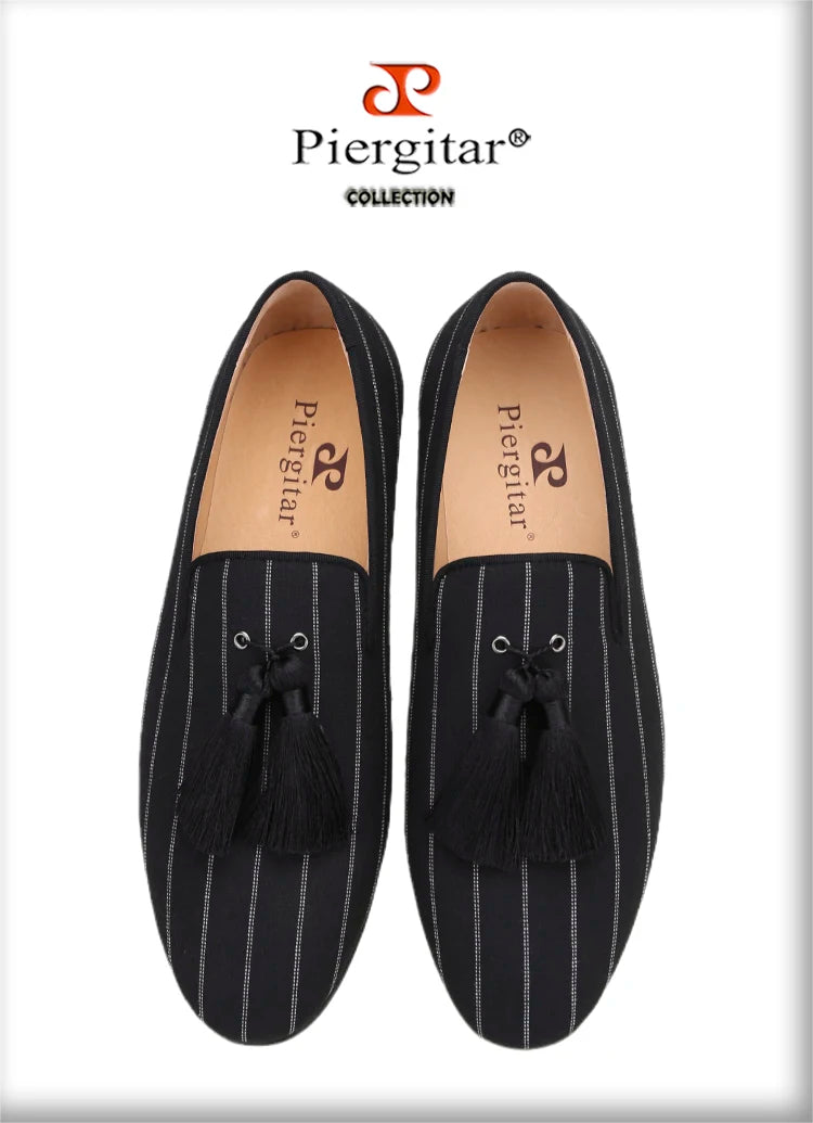 Piergitar 2022 New Striped Design Oxford Fabric Men Slip-On Shoes Handmade Tassel Men's Loafers Classic Male Smoking Slippers
