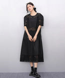 Lace Joined Loose Fit Korean Style Woman 2025 Summer Round Neck Short-Sleeve Black Pullover Dress Gorgeous Big Size Robe JKXD008