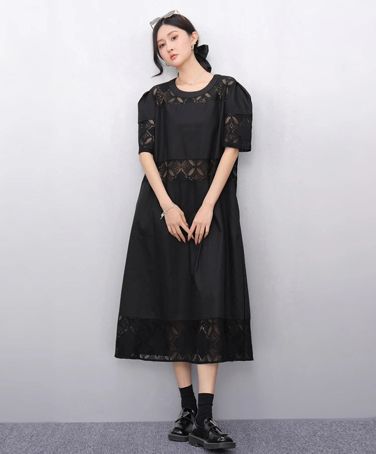 Lace Joined Loose Fit Korean Style Woman 2025 Summer Round Neck Short-Sleeve Black Pullover Dress Gorgeous Big Size Robe JKXD008