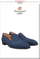 Piergitar 2022 New Summer Style Navy Denim Men's Loafers Red Outsole Man Smoking Slippers Breathable Leather Insole Plus Size