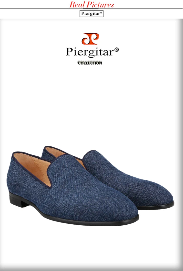 Piergitar 2022 New Summer Style Navy Denim Men's Loafers Red Outsole Man Smoking Slippers Breathable Leather Insole Plus Size