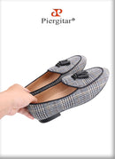Piergitar Gray Color Gingham Cotton Men's Loafers With Leather Tassels Fashion Party Handmade Smoking Slippers Slip-On Flats