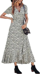 2025 Summer Women's Short-sleeved Dress V-neck Floral High Waist Slim and Stylish Bohemian Pleated Long Skirt